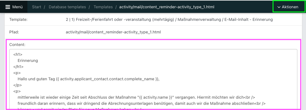 Screenshot eines geöffneten DB-Templates im Bereich Content.