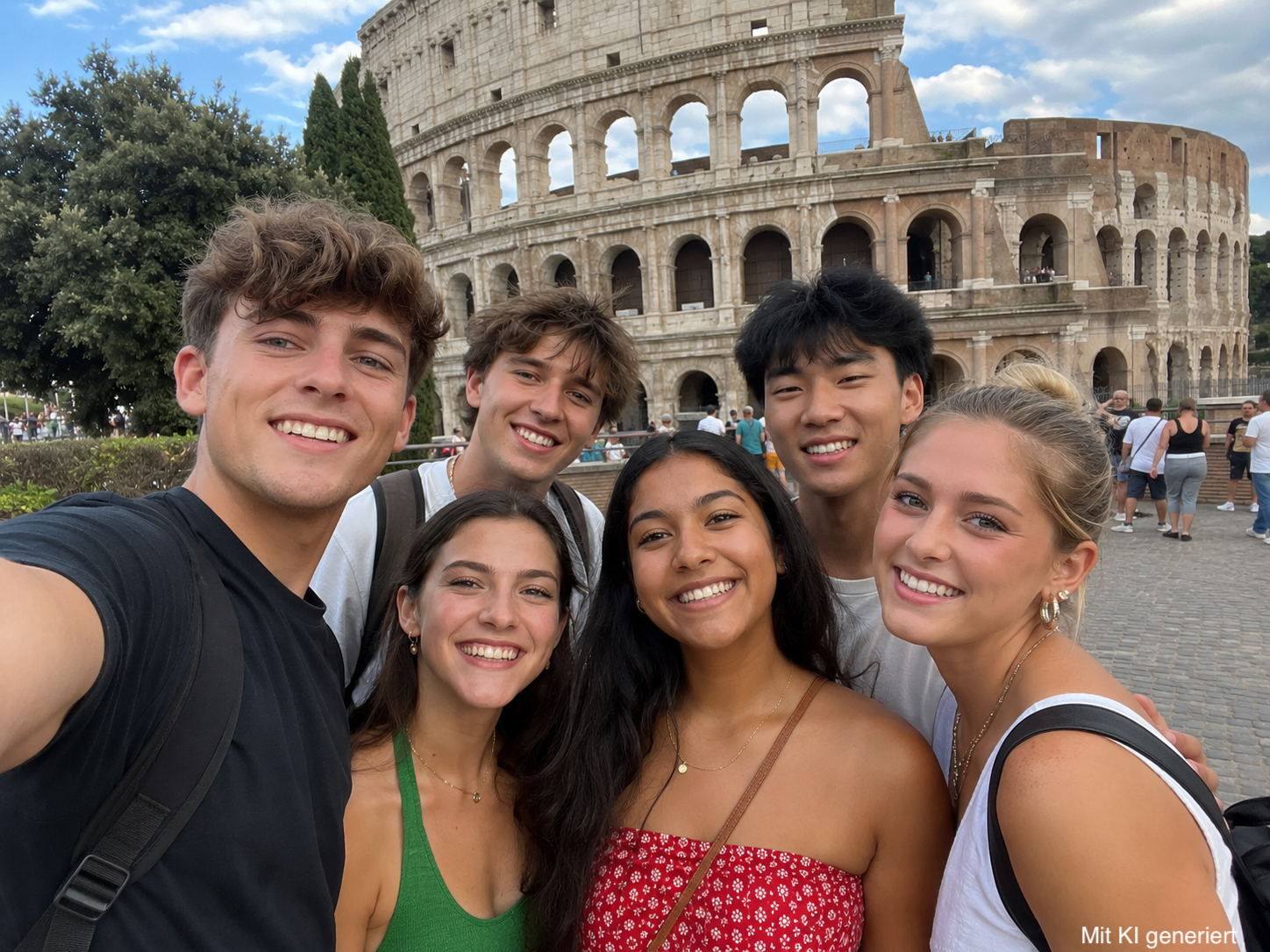 KI-generiertes Selfie einer 5-köpfigen Jugendgruppe in Rom vor dem Kolosseum.