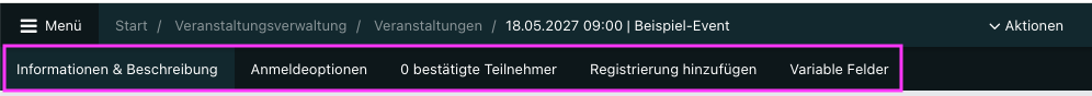Screenshot aller fünf Tabs einer Veranstaltung.