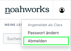 Screenshot aus der Software: geöffnete Menüs für Abmelden und Passwort ändern.