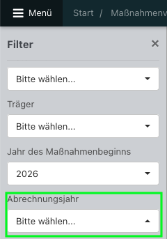 Screenshot aus der Software: Filter in der Maßnahmenübersicht.