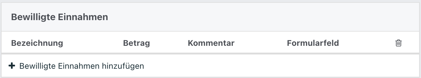 Tabelle zur Eingabe bewilligter Einnahmen mit Spalten für Bezeichnung, Betrag, Kommentar und Formularfeld. Schaltfläche ‚Bewilligte Einnahmen hinzufügen‘ darunter.“