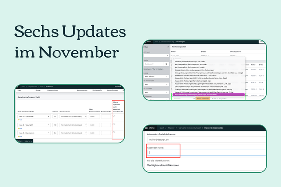 Hellgrüner Hintergrund. Darauf 3 Screenshots aus der Software, die die Updates zeigen.
