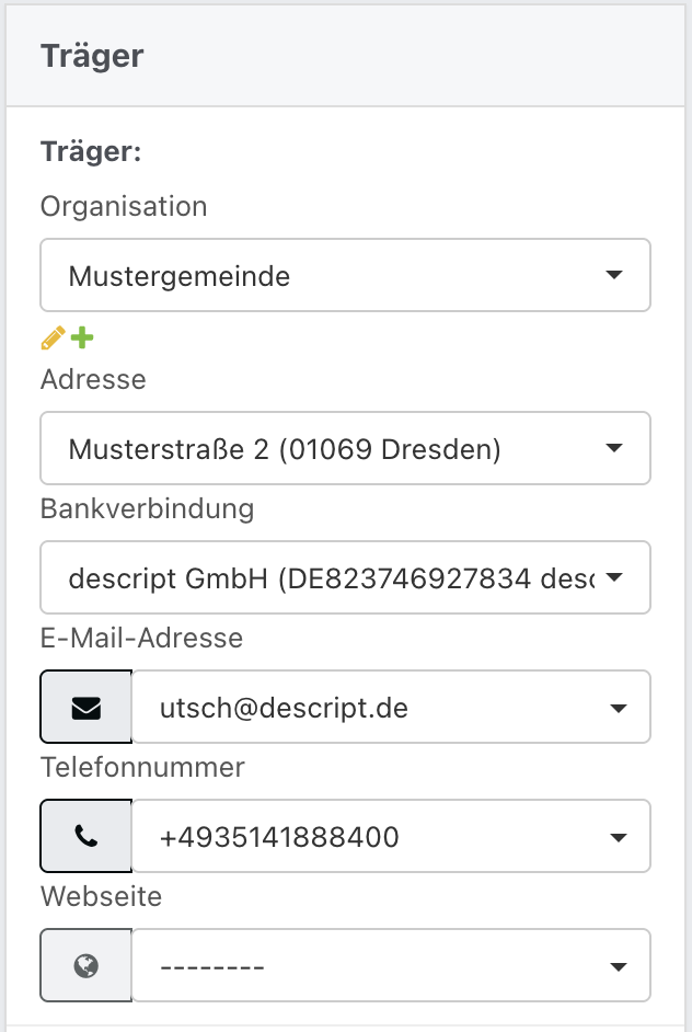 Screenshot aus der Trägerkontaktdaten.