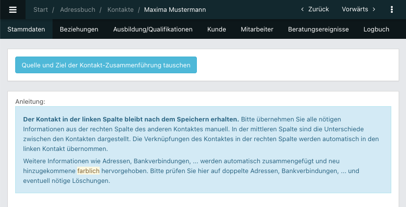 Screenshot aus der Software: geöffnete Zusammenführung zweier Kontakte mit Hinweisen für Zusammenführung.