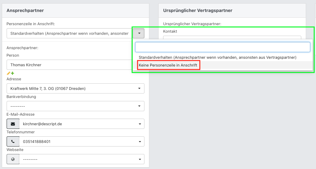 Screenshot aus der Software: geöffnete Belegung im Bereich Ansprechpartner.