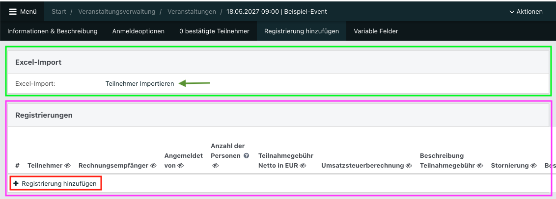 Screenshot des Tabs "Registrierungen" mit den Abschnitten Excel-Import und Registrierungen.