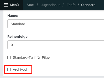Screenshot aus der Software: geöffneter Tarif im Bearbeitungsmodus. Fokus liegt auf dem Feld, um den ausgewählten Tarif zu archivieren.