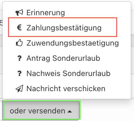 Geöffnetes Dropdown-Menü ‚Dateien versenden‘ mit Optionen.