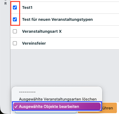 Screenshot der Übersicht der Veranstaltungsarten mit ausgeklappten Massenaktionen.