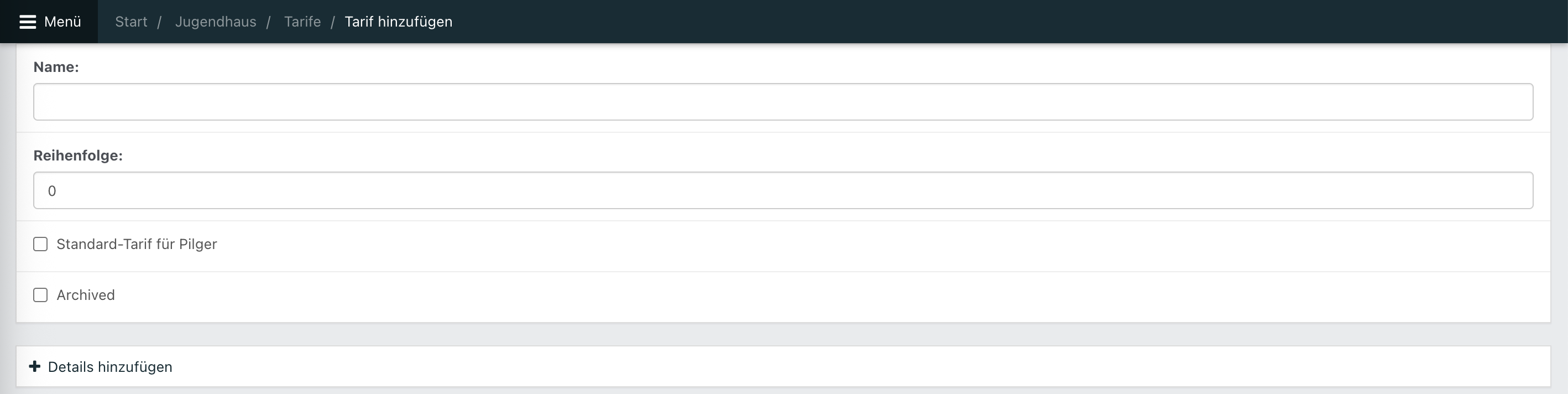 Screenshot aus der Bearbeitung eines neues Tarifs.