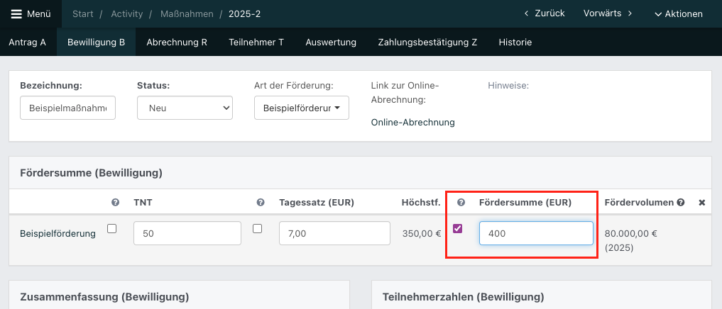 Screenshot aus der Software: beispielhafte Ansicht eines Antrags in Tab B.
