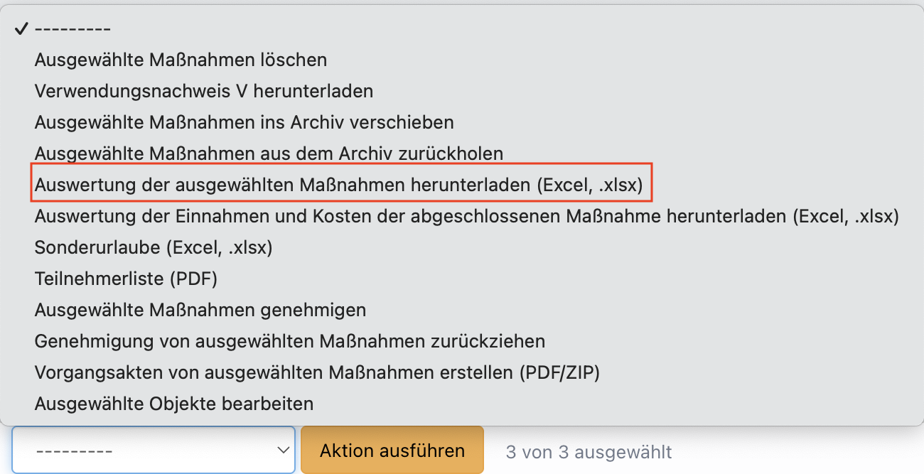 Dropdown-Menü mit mehreren Aktionen zur Kontaktverwaltung. Die hervorgehobene Option lautet: 'Auswertung der ausgewählten Maßnahmen herunterladen (Excel, .xIsx)'.
