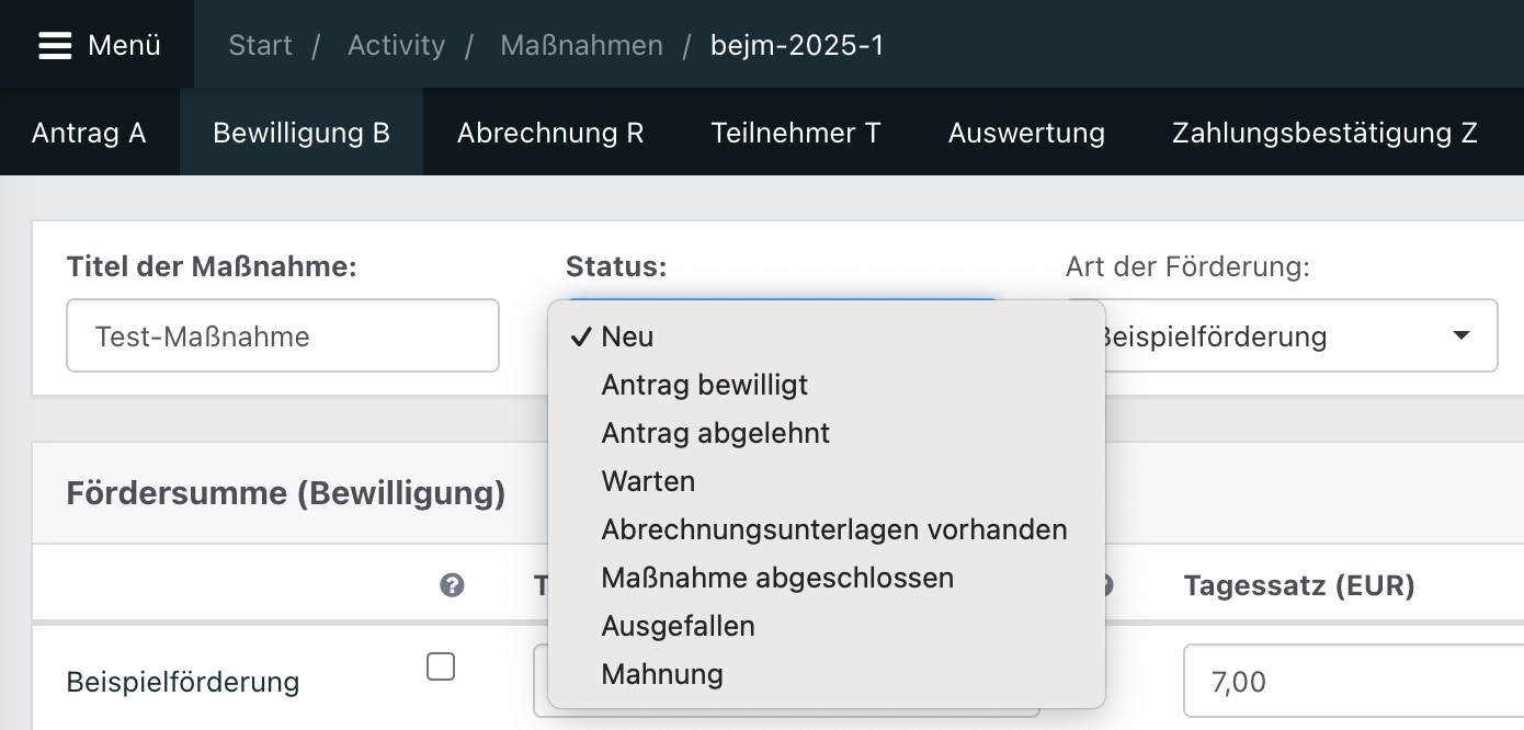 Geöffnete Status-Auswahl im Reiter.