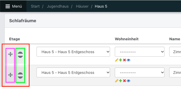 Schlafraumverwaltung eines Hauses. Farbige Rahmen markieren die Verschiebegriffe und Pfeile zum Ändern der Reihenfolge.