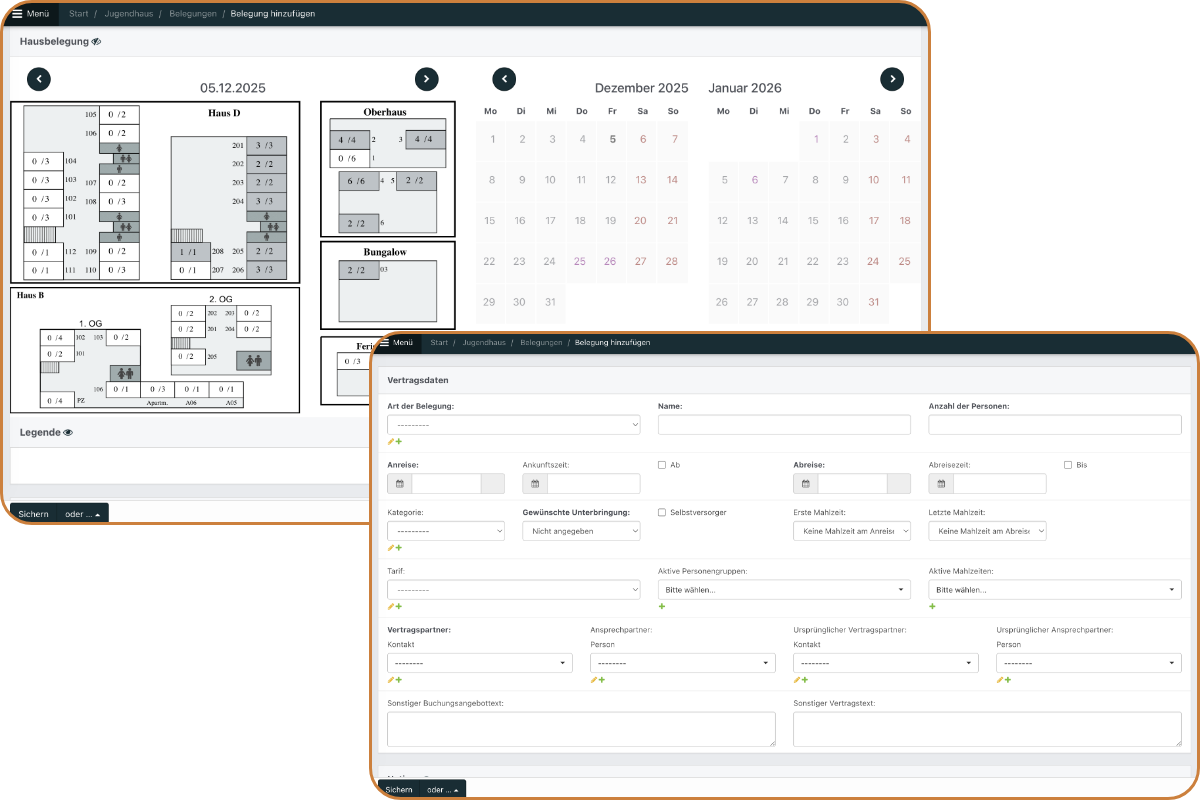 Zwei Screenshots aus NoahHaus, beide zeigen jeweils eine Bearbeitungsansicht für eine neue Belegung.