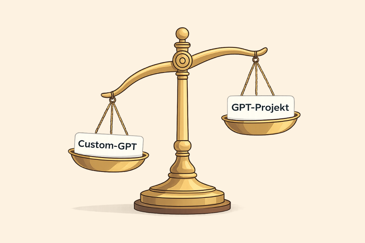Eine altmodische Waage, in der linken, nach unten geneigten Waagschale steht "Custom-GPT". Auf der rechten Seite steht "GPT-Projekt".