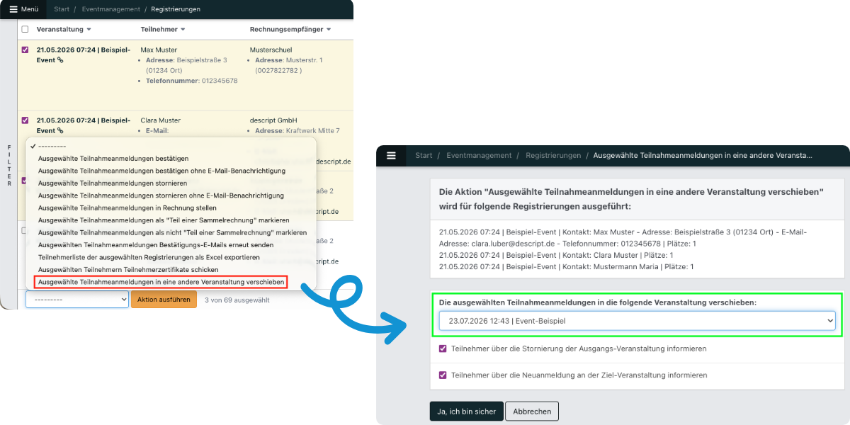 2 Screenshot aus der Software: die geöffnete Registrierungsliste sowie die auszuführende Aktion.