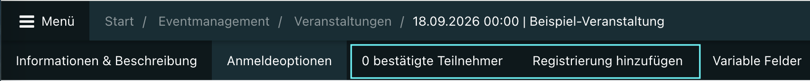 Screenshot aus der Software: Markierte Tab "bestätigte Teilnehmer" und "Registrierungen".