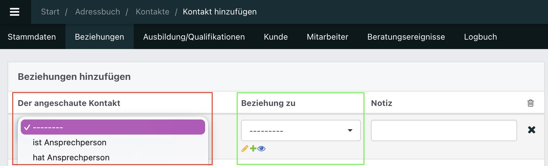 Screenshot aus der Software: Tab Beziehungen.