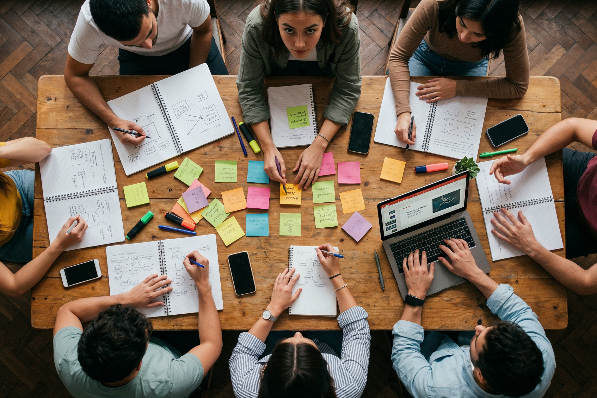 8 Personen sitzen um einen Schreibtisch, planen und zwischen ihnen liegen verschiedene Post its.