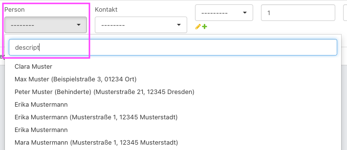Geöffnete Personenauswahl mit dem Suchbegriff „descript“ und einer Liste von Personen. Das Feld „Person“ ist pink umrahmt.