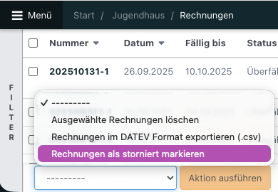 Screenshot aus NoahHaus, zu sehen sind die geöffneten Massenaktionen für Rechnungen.