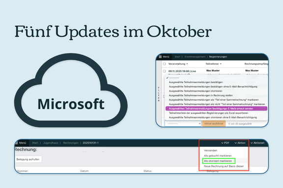 Hellblauer Hintergrund, darauf rechts der Umriss einer Wolke, darin steht "Microsoft", darunter und daneben zwei Screenshots aus Noahworks.
