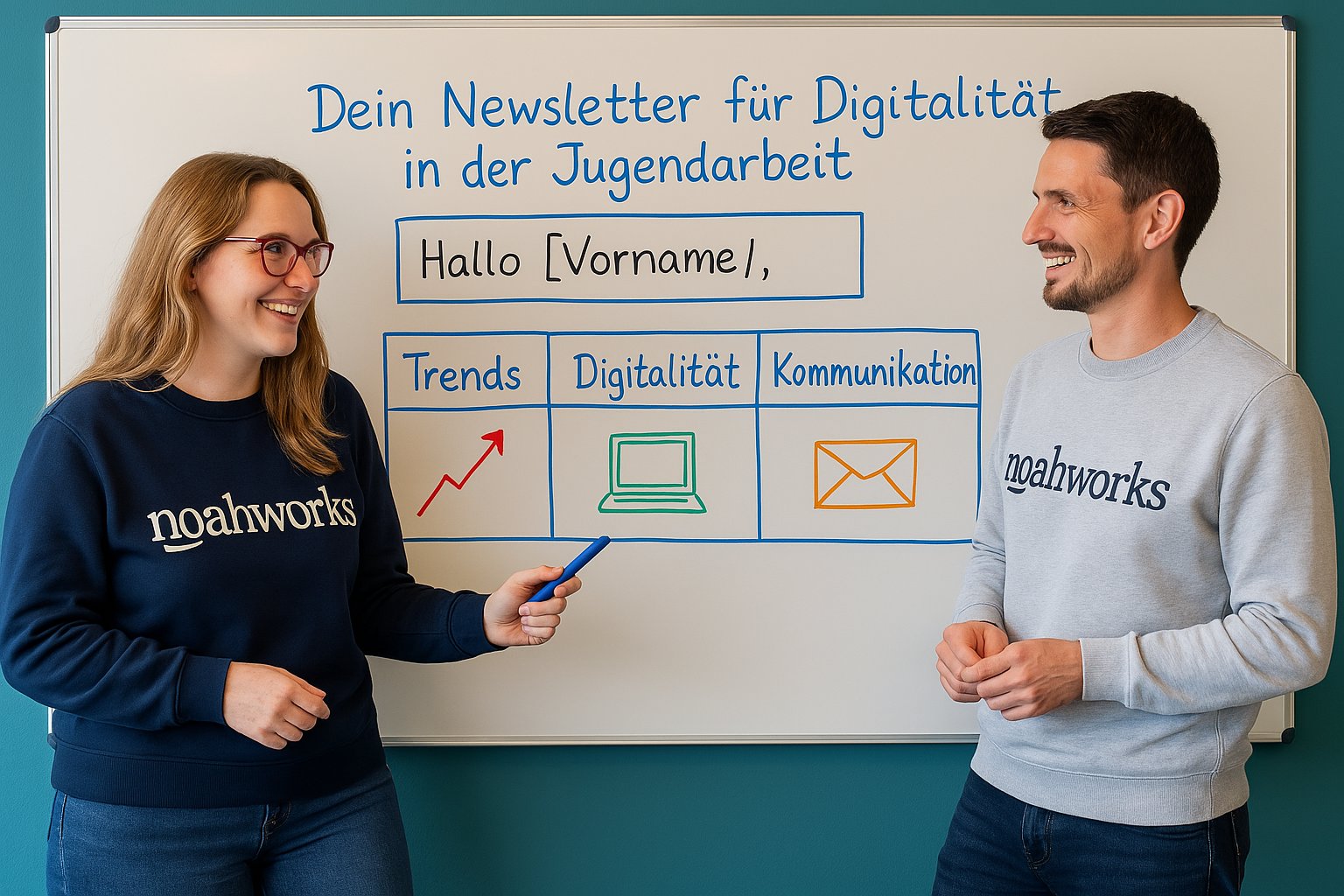 KI-generiertes Bild: Thomas und Clara stehen vor einem Whiteboard und unterhalten sich.
