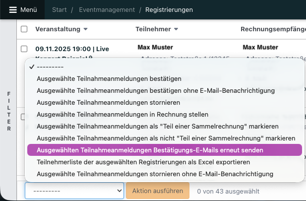 Screenshot aus NoahEvent, zu sehen sind die Massenaktionen bei Registrierungen.