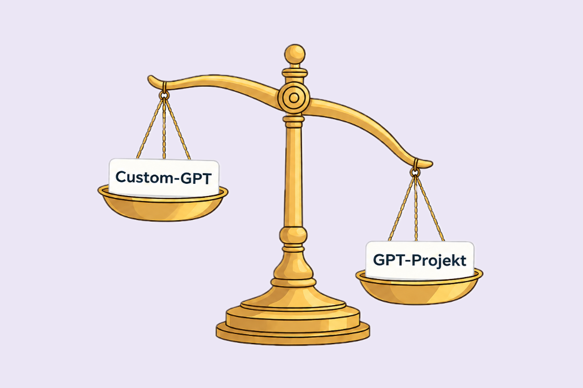 Eine altmodische Waage, in der rechten, nach unten geneigten Waagschale steht "GPT-Projekt". Auf der rechten Seite steht "Custom-GPT".