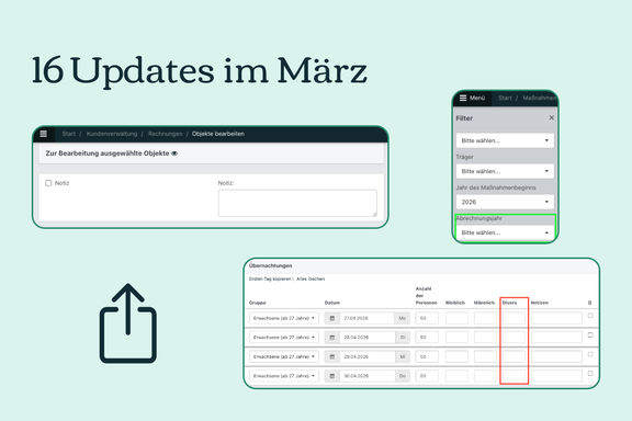 Hellgrüner Hintergrund. Darauf 3 Screenshots aus der Software, die die Updates zeigen.