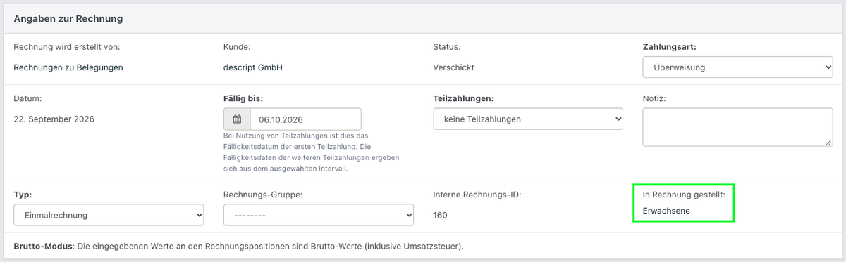 Rechnungsdetails mit grün umrahmtem Feld „In Rechnung gestellt“ und dem Eintrag „Erwachsene“.
