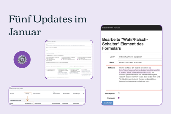 Lilaner Hintergrund, darauf vier Screenshots aus der Software, die die Updates zeigen. Darüber steht "Fünf Updates im Januar".