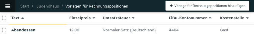 Screenshot aus der Übersicht für Vorlagen von Rechnungspositionen.