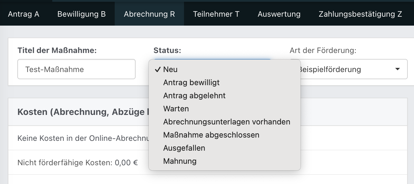 Geöffnete Status-Auswahl im Reiter ‚Abrechnung R‘ mit Optionen.