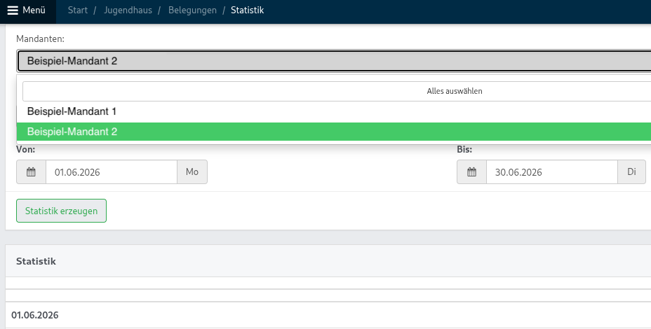 Screenshot aus der Software: geöffnete Statistik mit Mandanten.