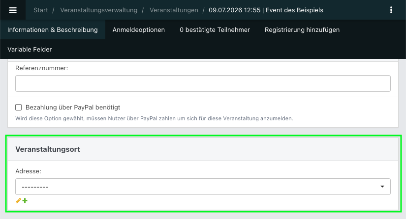 Screenshot aus der Software: geöffnete Veranstaltung im Bereich Veranstaltungsort.