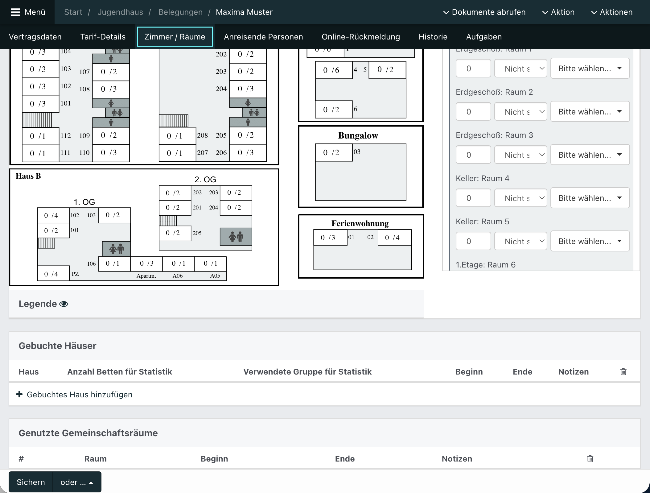 Screenshot aus der Software: Ansicht des Tabs „Zimmer / Räume“ in der Belegungsübersicht.