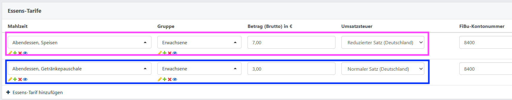 Screenshot aus einem geöffneten Tarif in NoahHaus. Bereich Essens-Tarife.