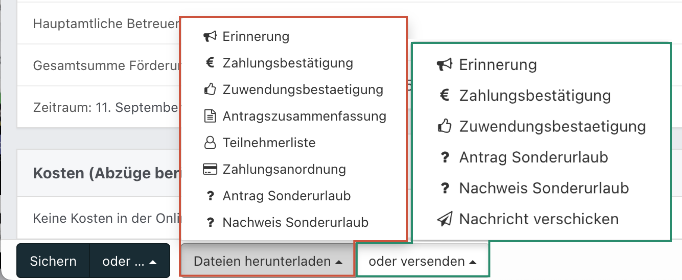 Screenshot der geöffneten Dropdown-Menüs für Datei-Download oder -Versand.
