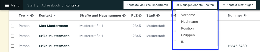 Screenshot von der Kontaktübersicht im Adressbuch mit ausgeklappten Button für ausgeblendete Spalten.