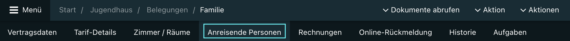Ansicht des Tabs „Anreisende Personen“ in der Belegungsübersicht.