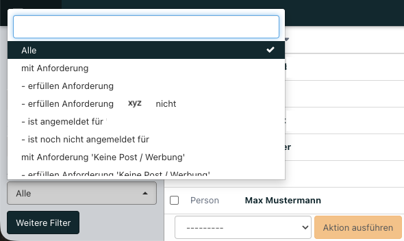 Screenshot aus der Software: geöffnetes Adressbuch mit ausgeklappten Filter für Anforderungen.