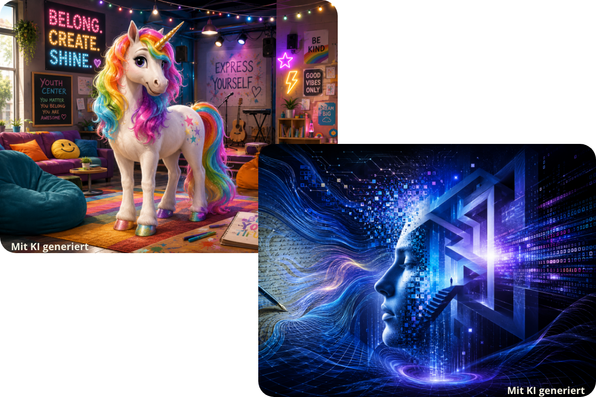 Zwei KI-generierte Bilder: Das linke zeigt ein Regenbogen-Einhorn in einem fiktiven Jugendzentrum. Das rechte Bild eine Gesichtssilhouette im digitalen Raum.