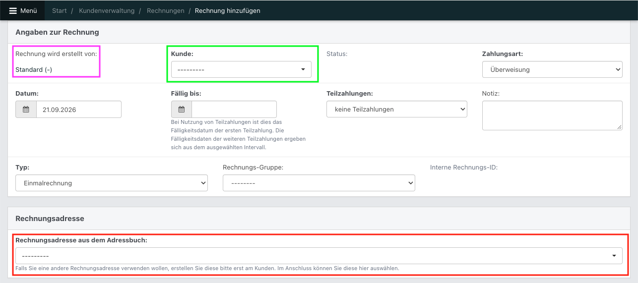 Screenshot: Formular einer leeren, neuen Rechnung.