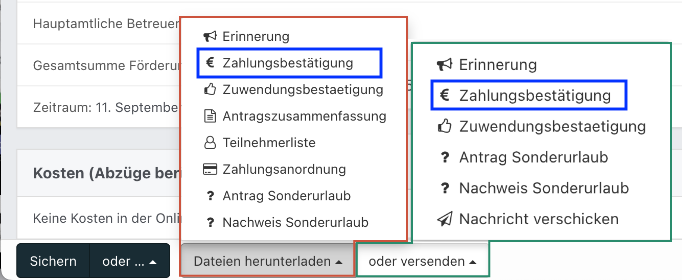 Screenshot aus der Software: geöffnete Dropdown-Menüs, um Dateien herunterzuladen oder zu versenden.