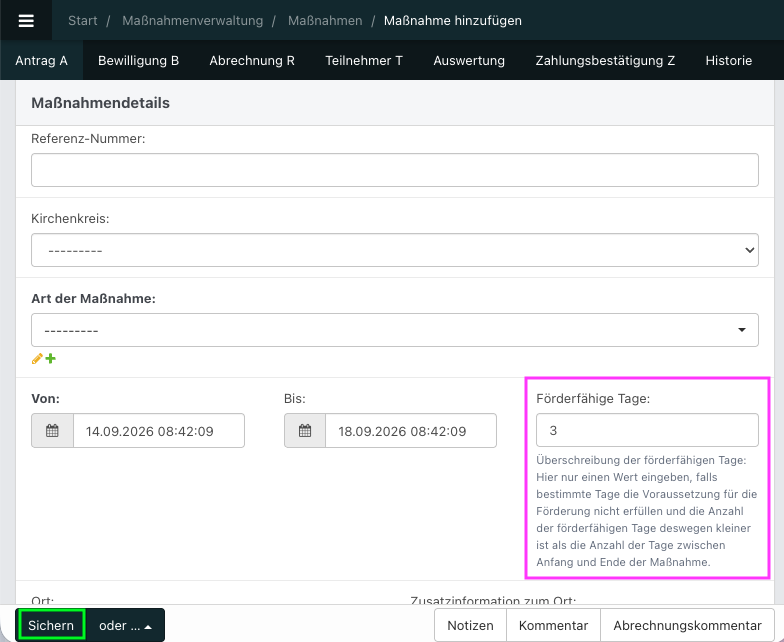 screenshot einer geöffneten Maßnahme im Bereich der Maßnahmendetails.