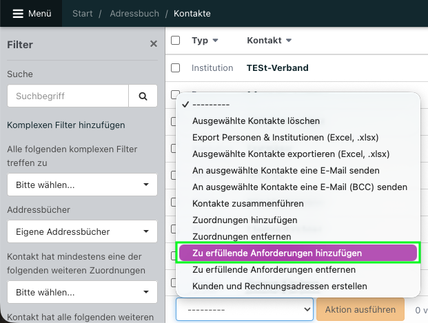 Screenshot aus der Software: Adressbuch mit geöffneten Massenaktionen.
