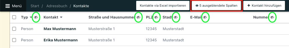 Screenshot von der Kontaktübersicht im Adressbuch.